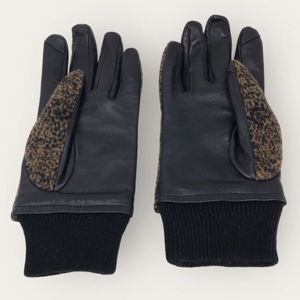 Land's End Brown EZ Touch Screen Gloves Leather & Cashmere Animal Print